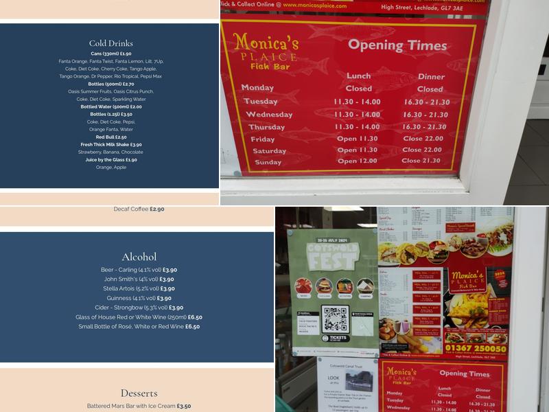 Monica's Plaice Fish Bar. Lechlade Menu