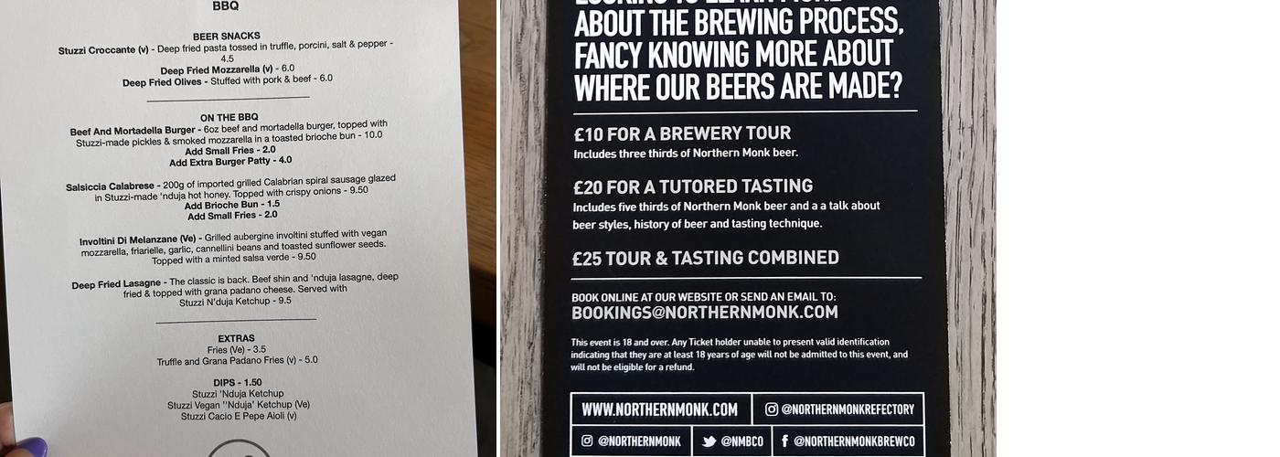 Northern Monk Refectory Menu