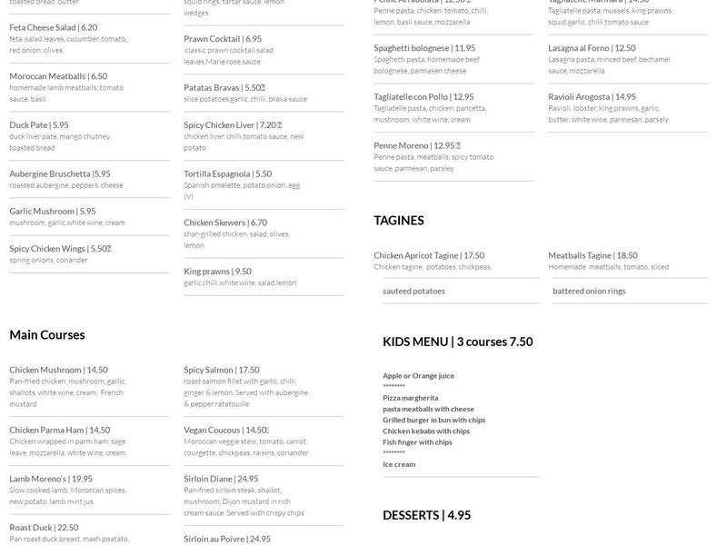 Moreno's Restaurant & Tapas Bar Menu