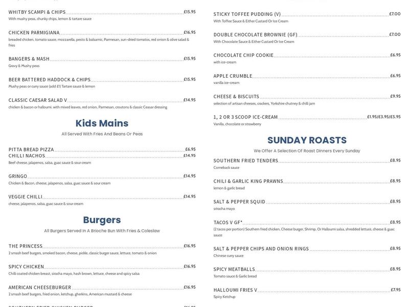 The Princess Rawdon Menu