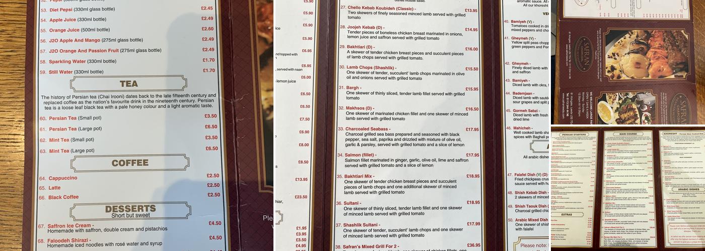 Safran Charcoal Menu