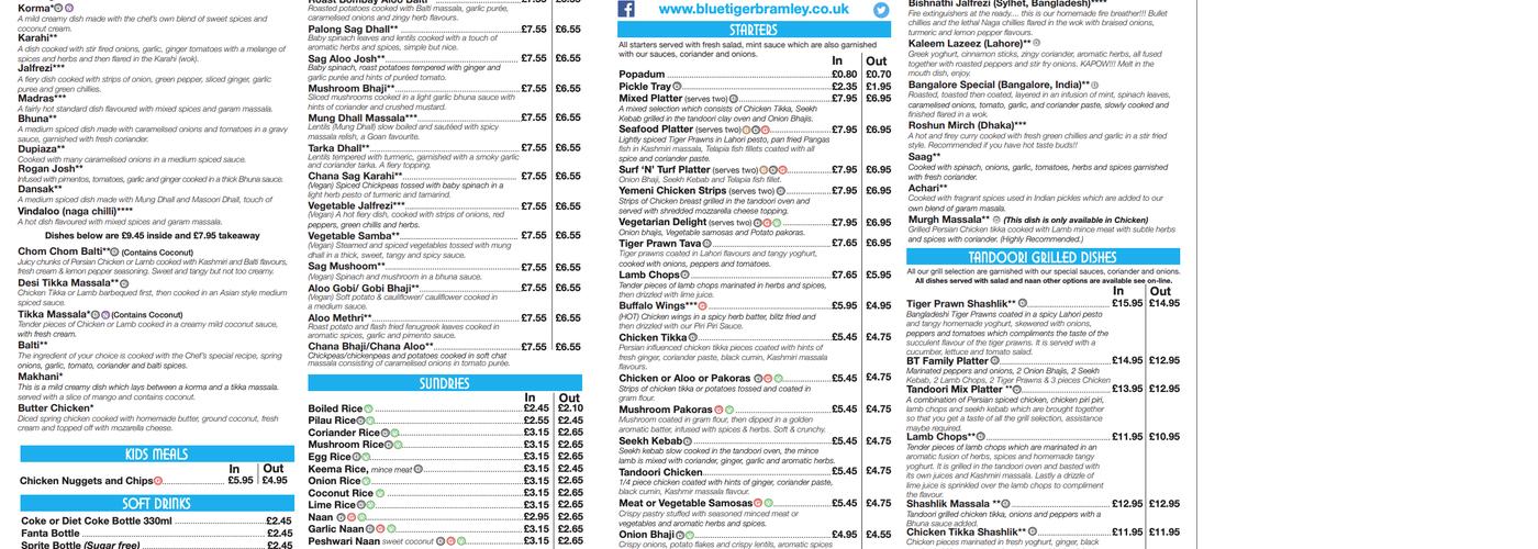 The Blue Tiger Menu