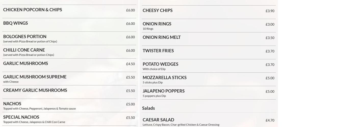 Valentinos Pizzeria Menu