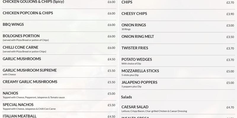 Valentinos Pizzeria Menu