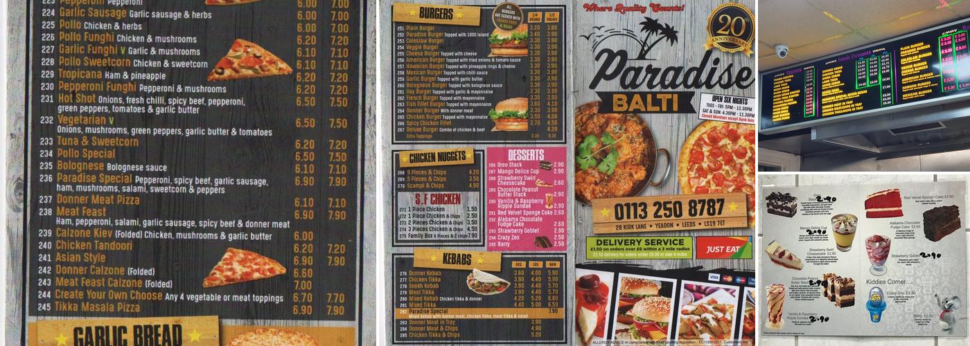Paradise Balti & Pizza Leeds Menu