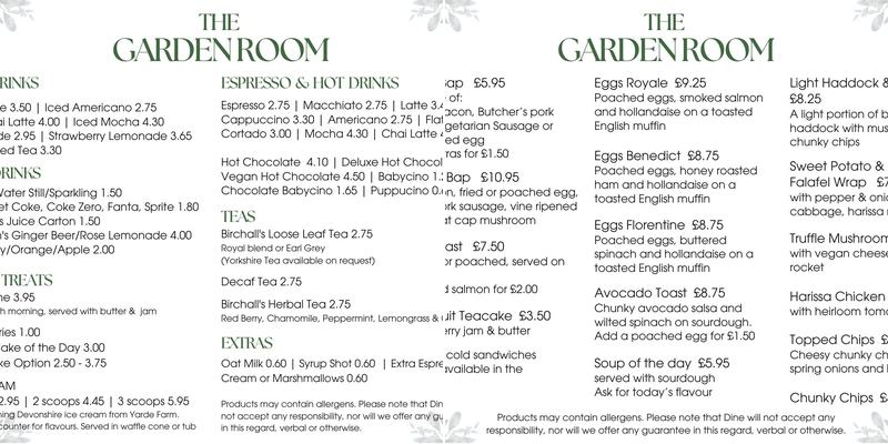 The Garden Room Cafe Menu