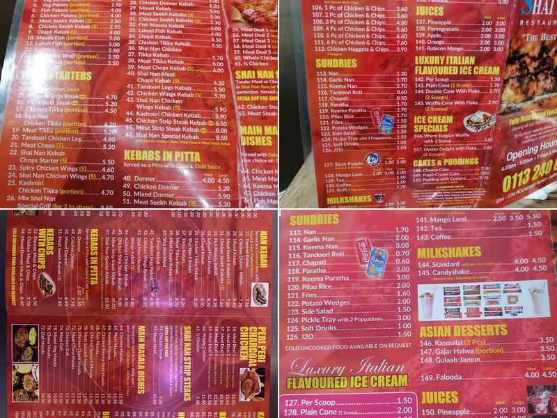 Shai Nan Kebab Menu
