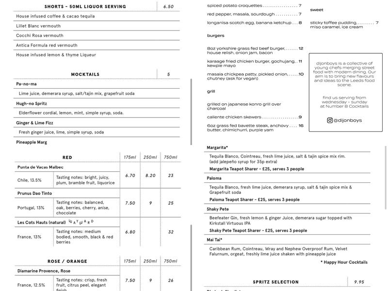 Number 8 Cocktails & Small Plates Menu