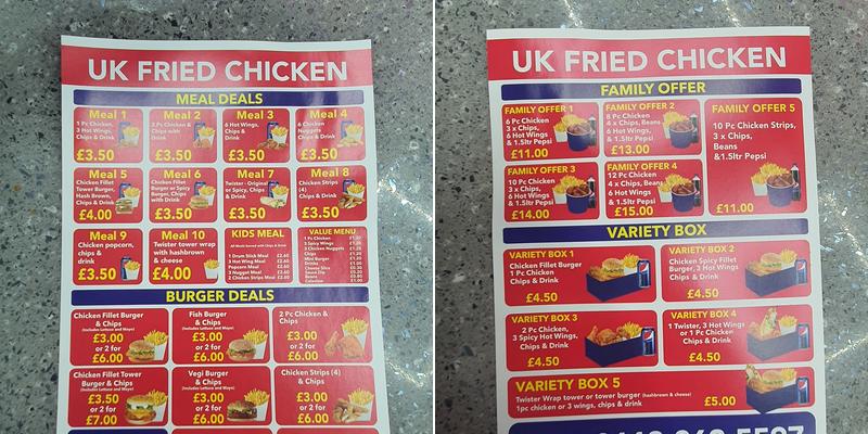 UKFC Fried Chicken Menu