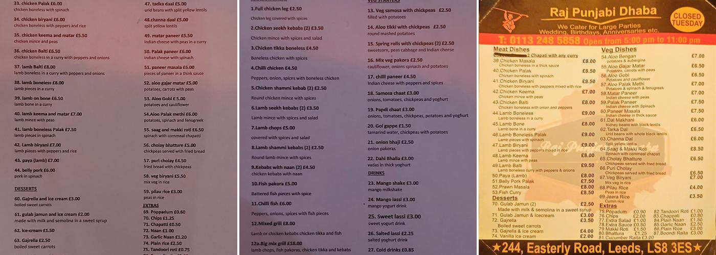 Raj Panjabi Dhaba Menu