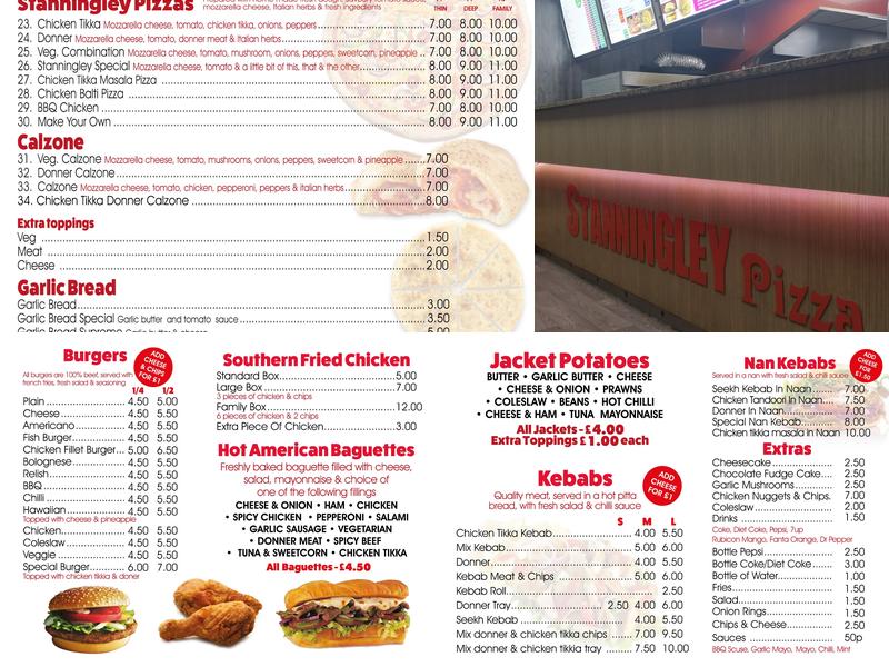 Stanningley Pizzas Menu