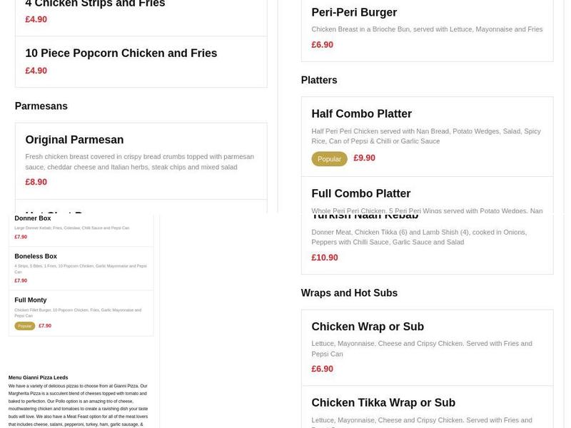 Gianni pizza leeds Menu