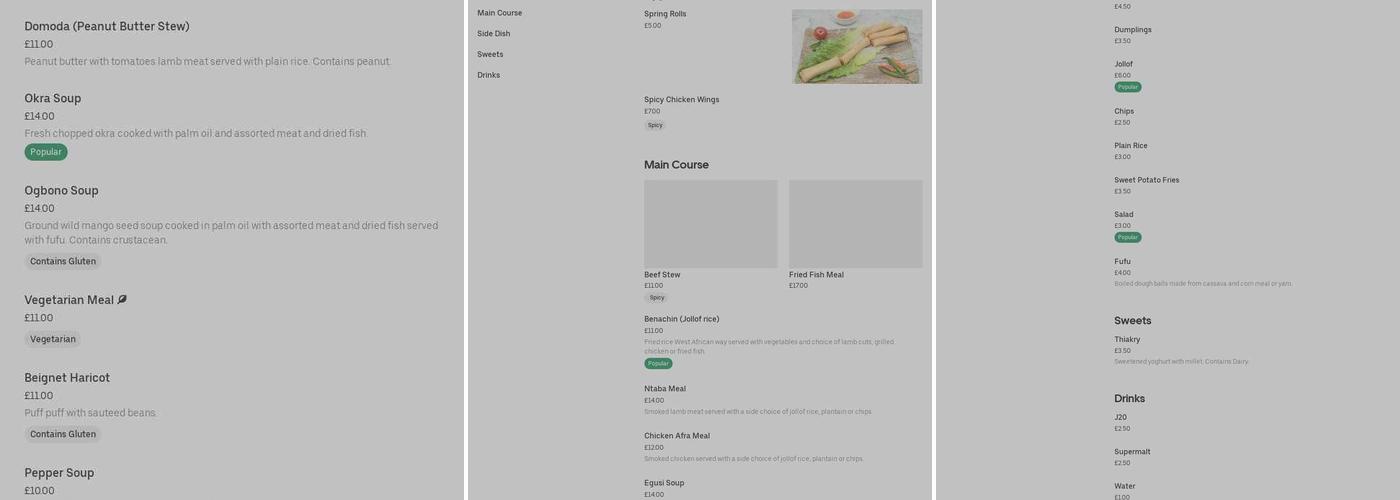 Mayans Fusion Cooking Menu