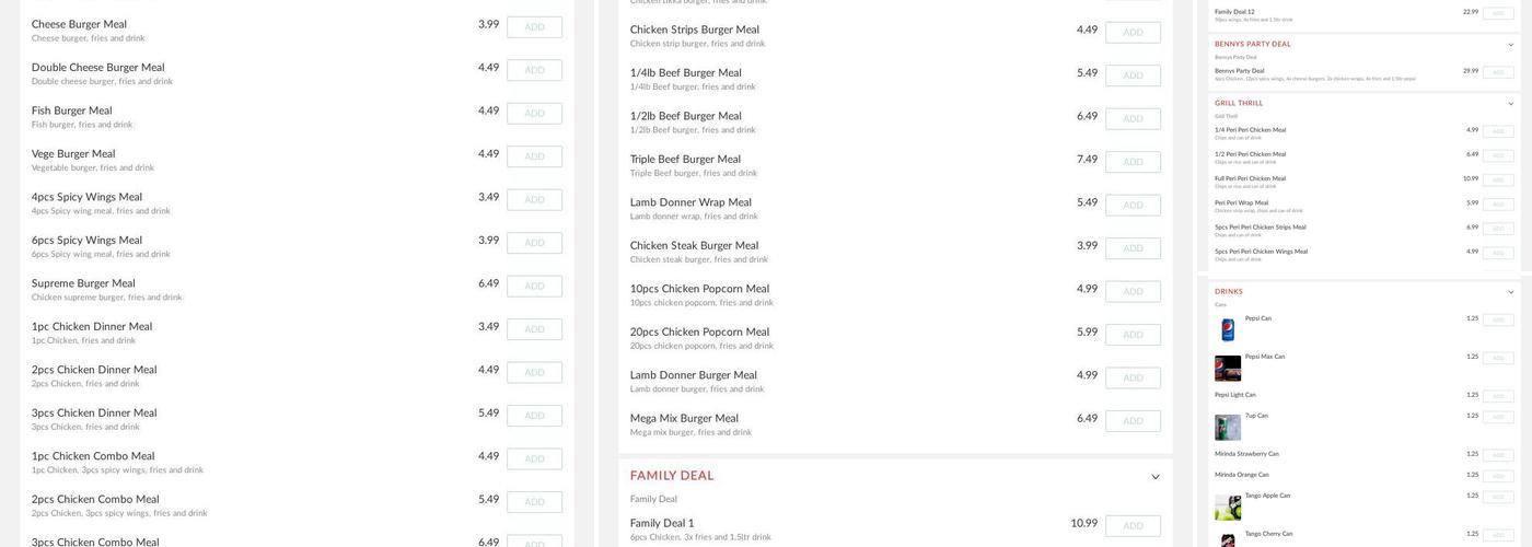 Benny's Chicken Menu