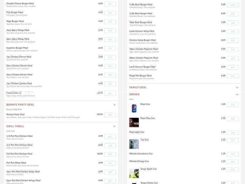 Benny's Chicken Menu