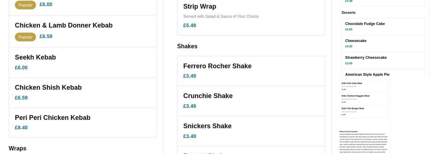 Fry Inn - 119 Kirby Road , Leicester - LE3 6BE Menu