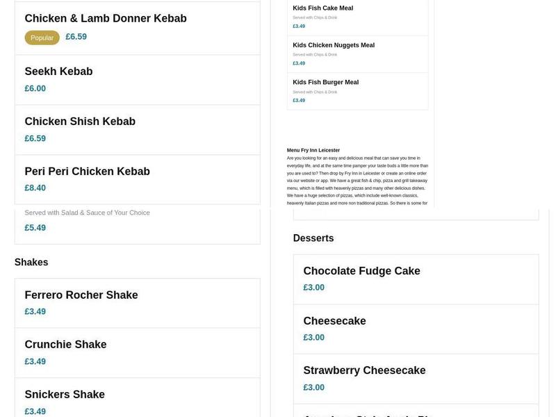 Fry Inn - 119 Kirby Road , Leicester - LE3 6BE Menu