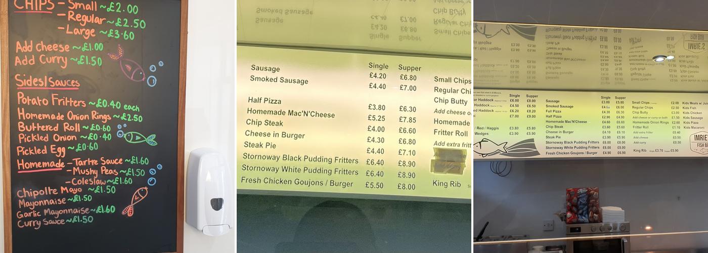 Imries Fish Bar Menu