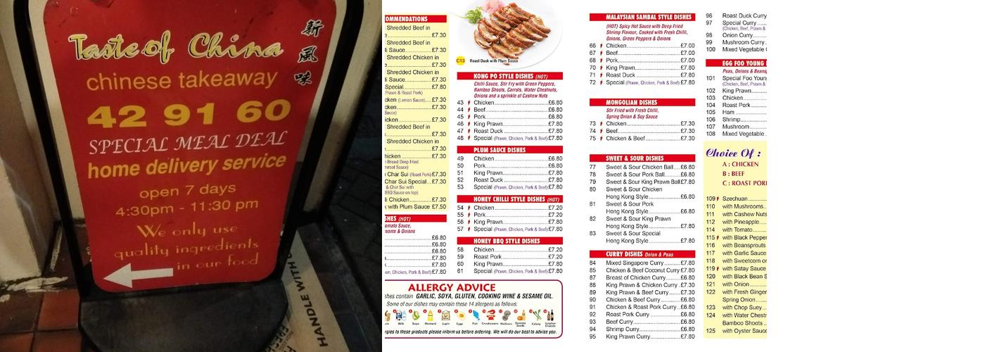 Taste Of China Menu