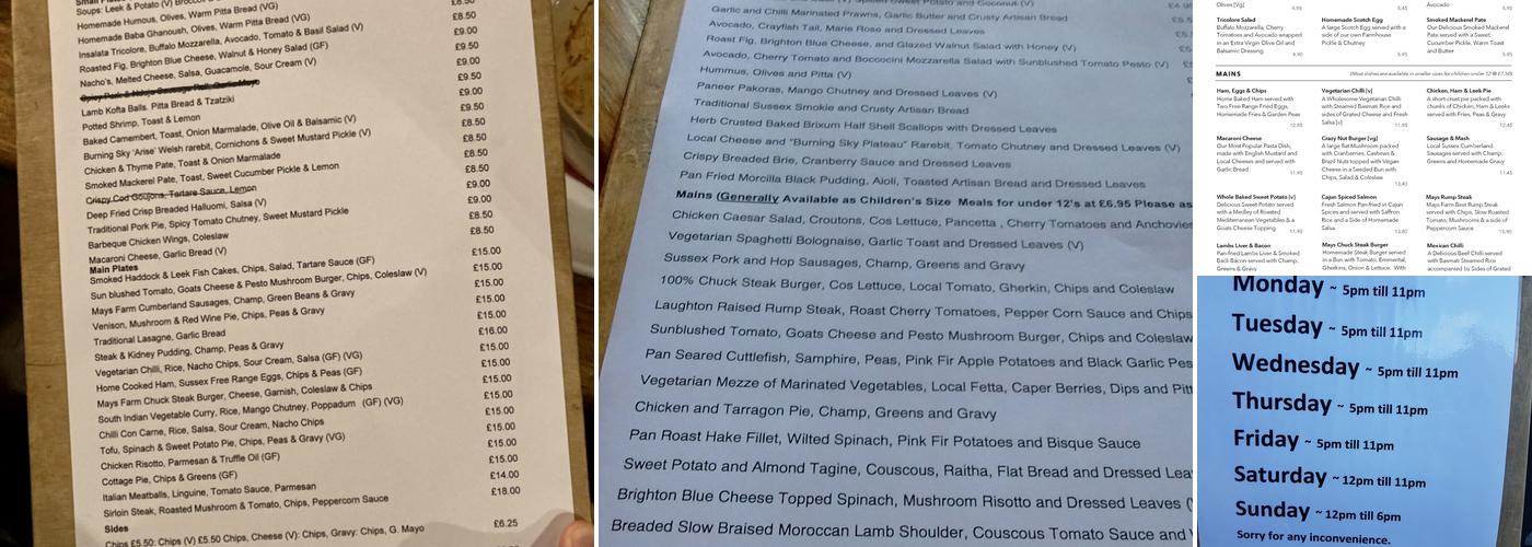 The Snowdrop Inn, Lewes Menu