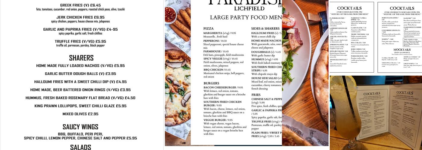 Paradise Lichfield Menu