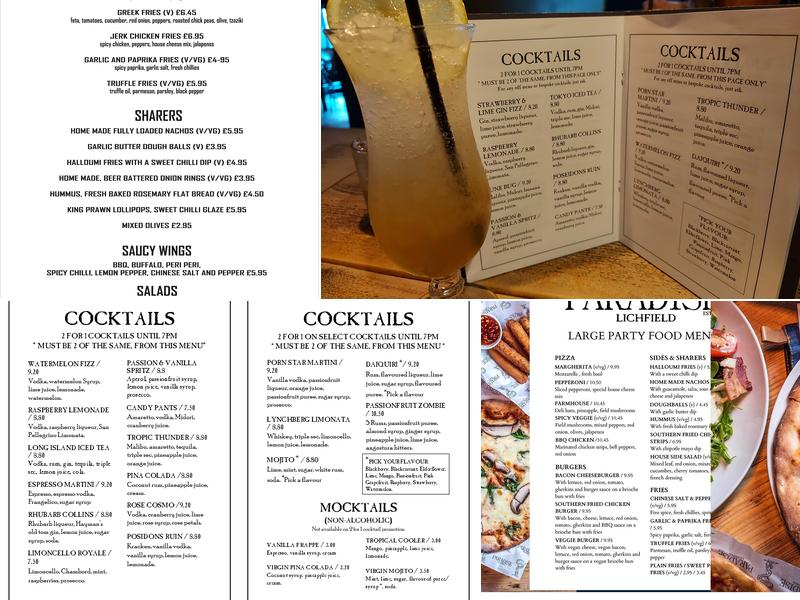 Paradise Lichfield Menu