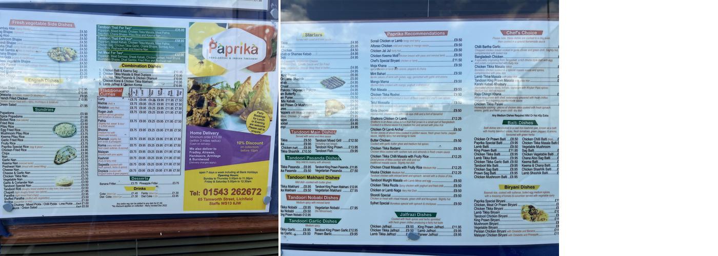 Paprika Indian Takeaway Menu