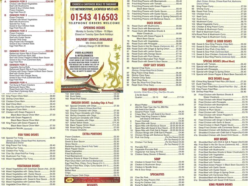 China King Chinese Takeaway Menu