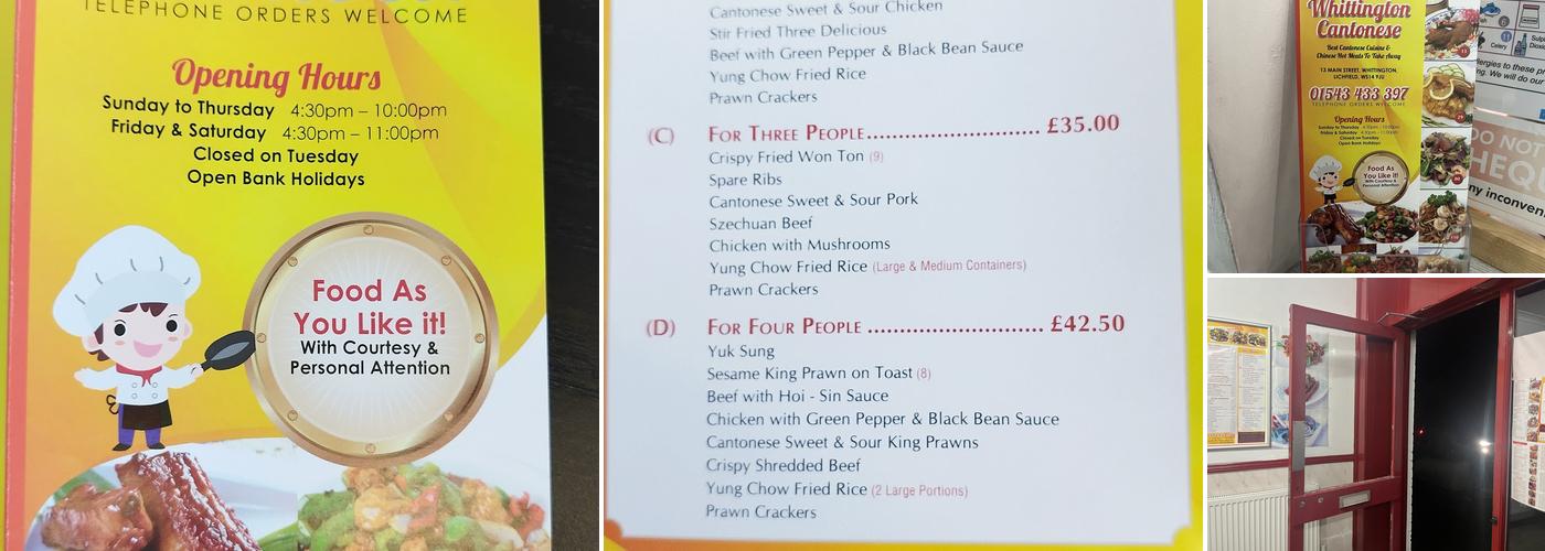 Whittington Cantonese Takeaway Menu
