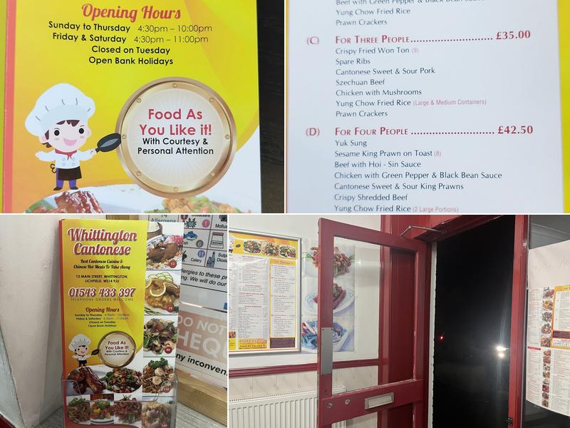 Whittington Cantonese Takeaway Menu