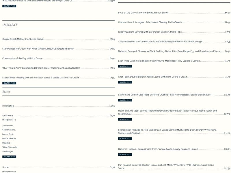Thorold Arms Menu
