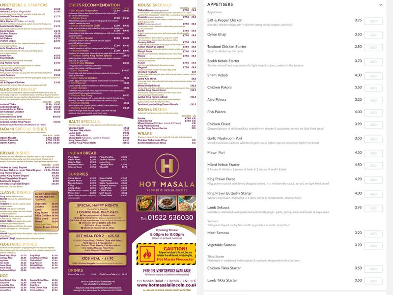 Hot Masala Menu