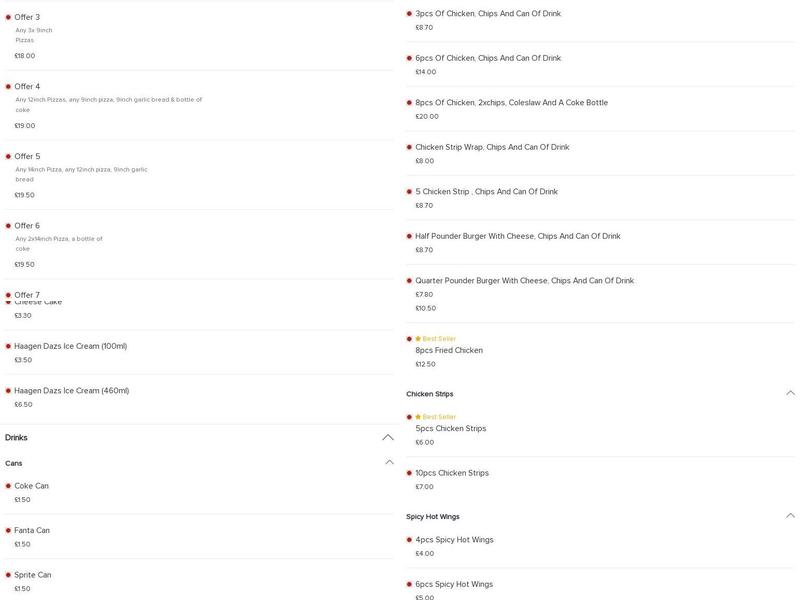 American Fried Chicken & Pizzas Menu