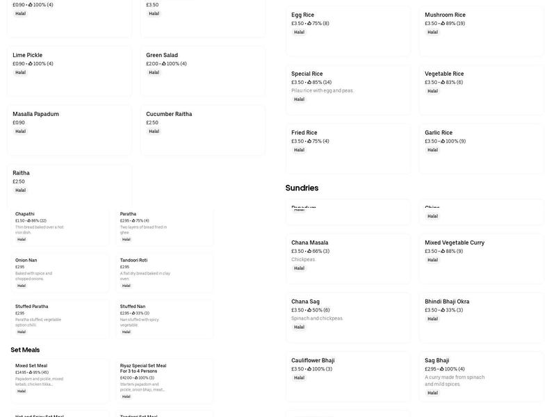 Riyaz Indian Takeaway Menu