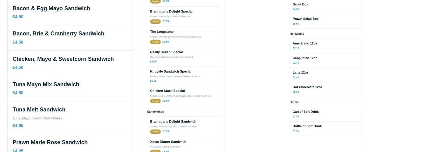 Brannigans Sandwiches Menu