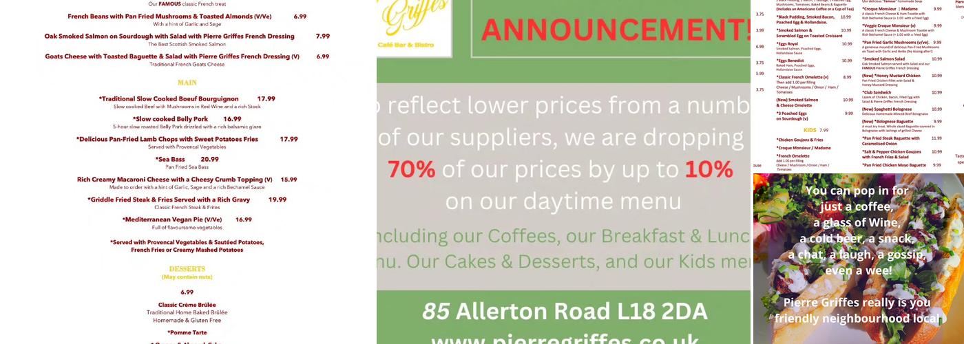 Pierre Griffes Cafe Bar & Bistro Menu