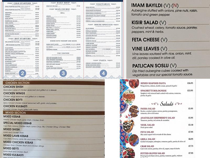 Pasha Restaurant Evesham Menu
