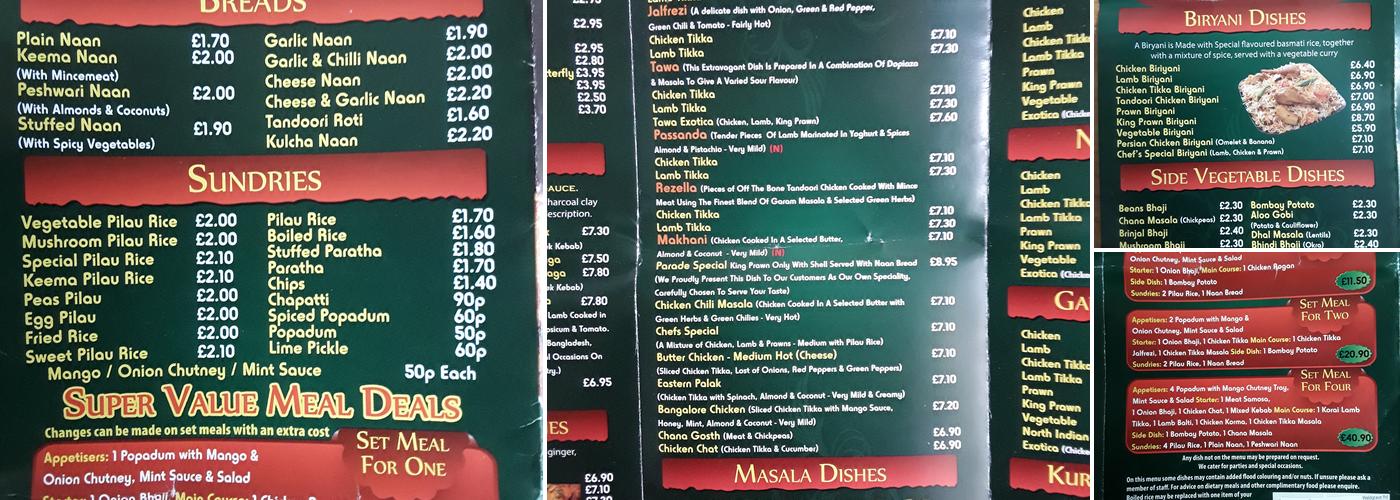The Parade Tandoori Menu