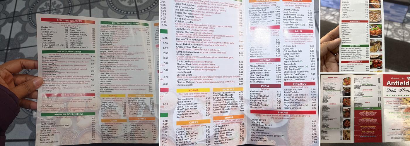 Anfield Balti House Menu