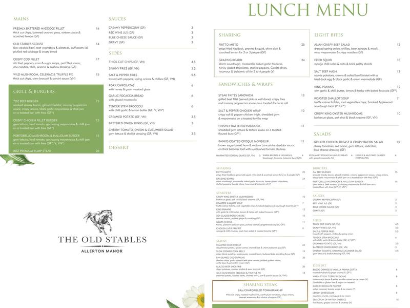 The Old Stables Menu