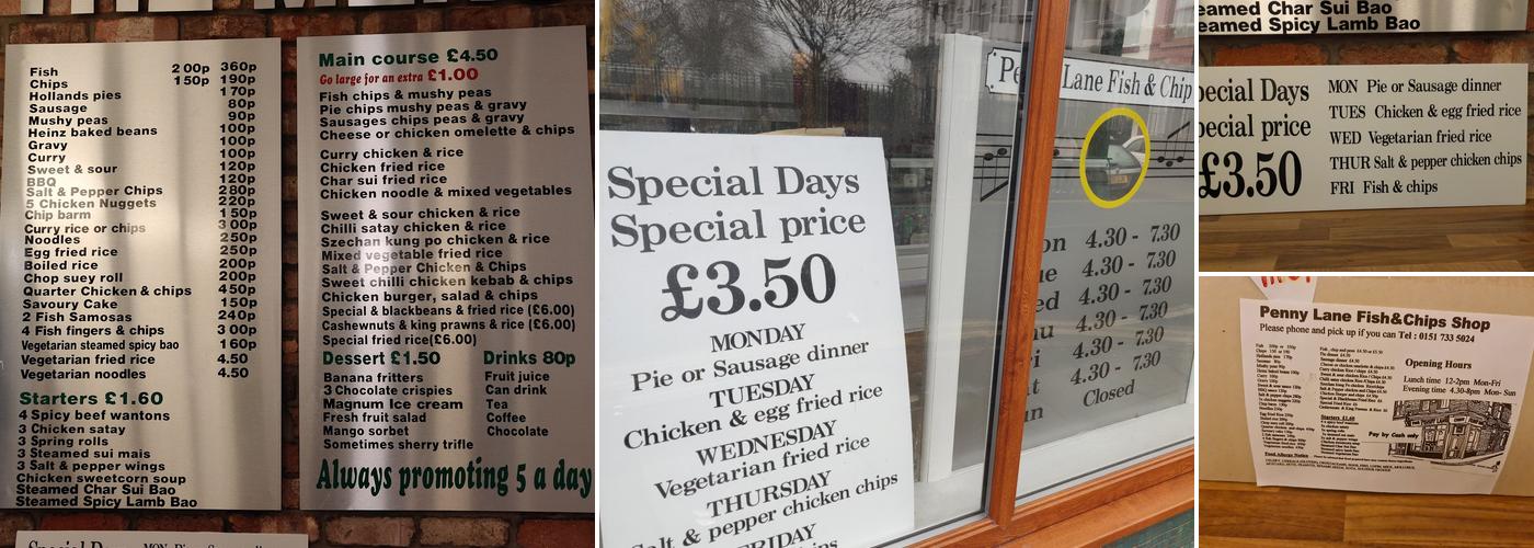 Penny Lane Fish and Chips Menu