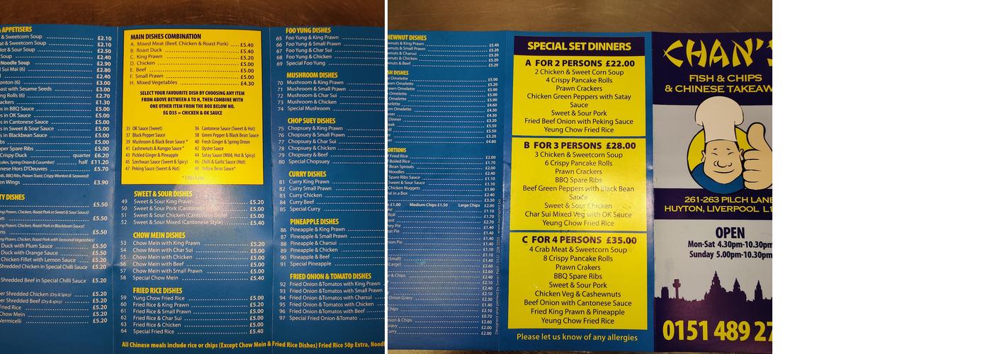 Chan's Fish & Chips Shop Menu