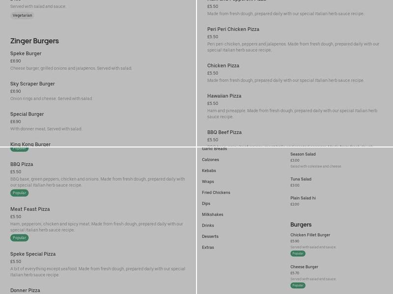 Speke Kebab House Menu