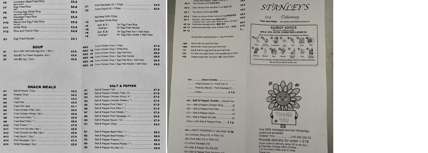 Stanley Fish & Chips Menu