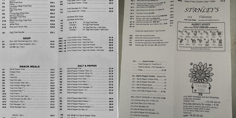 Stanley Fish & Chips Menu