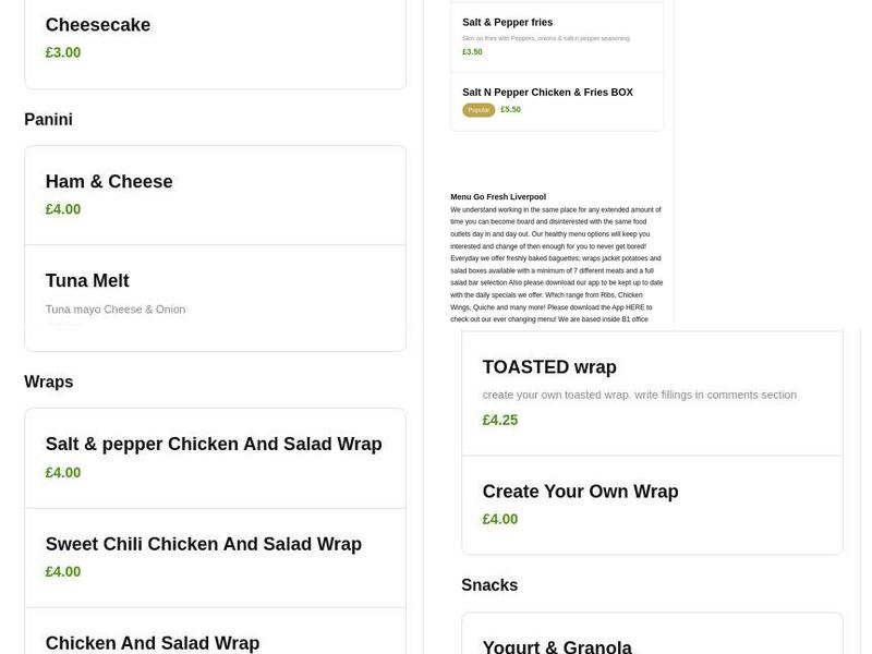 Go Fresh Liverpool Menu