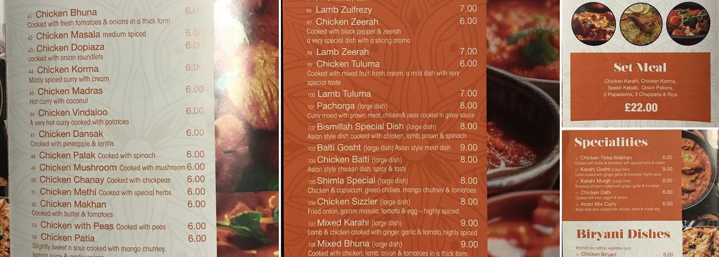 New Bismillah Indian Takeaway Menu