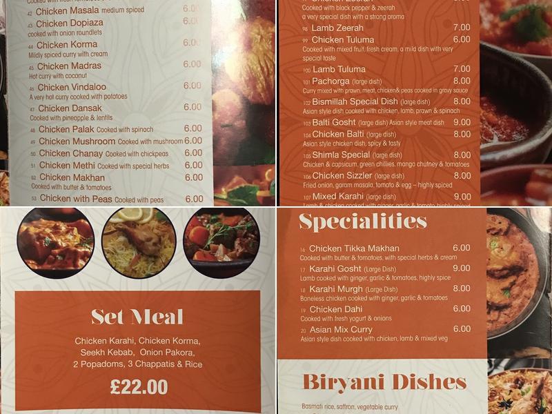 New Bismillah Indian Takeaway Menu