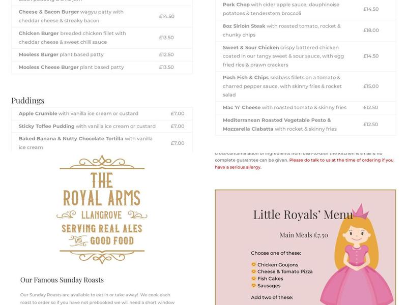 The Royal Arms Menu