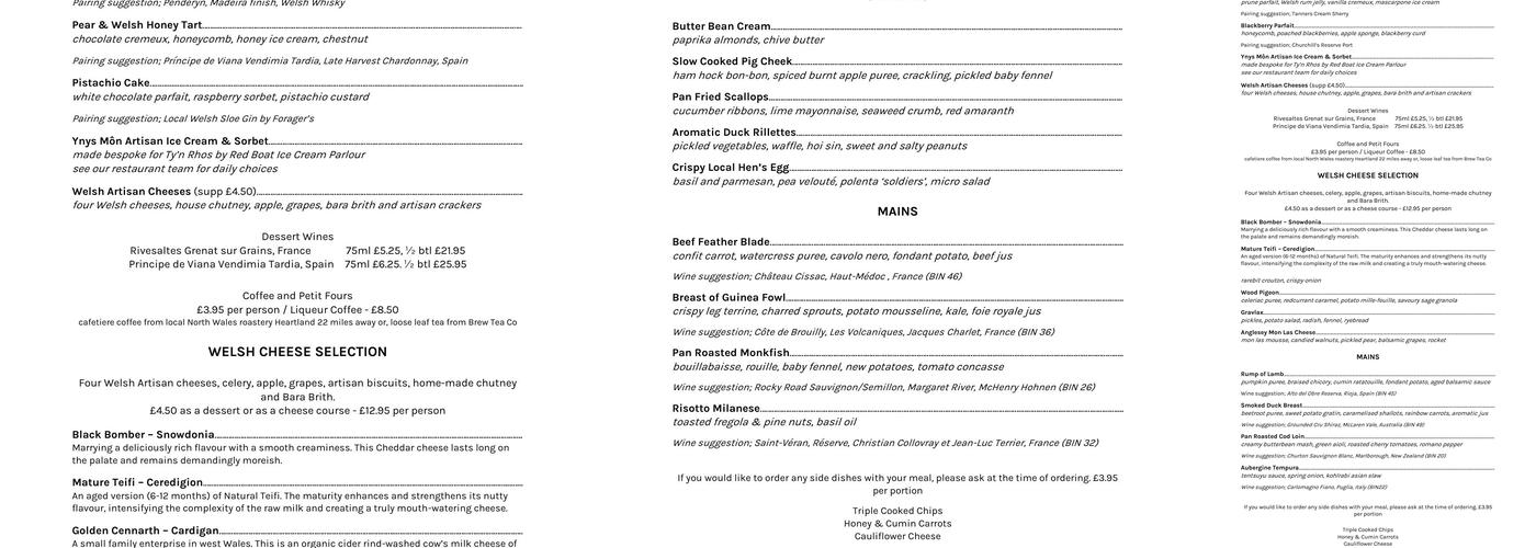 Ty'n Rhos Restaurant Menu